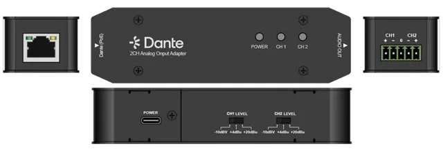 2-Channel Dante Audio Input to Analog Audio Output Adapter