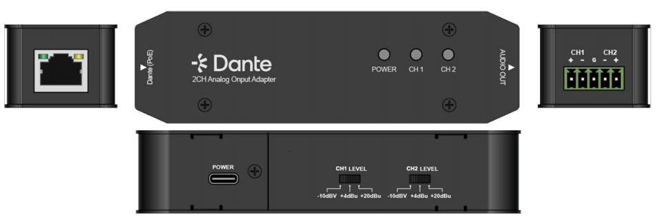 2-Channel Dante Audio Input to Analog Audio Output Adapter